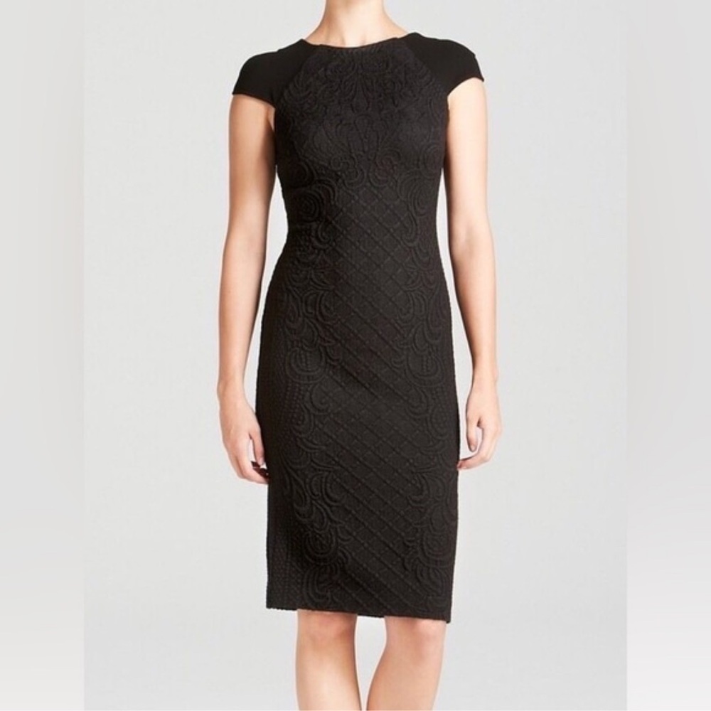 Tory Burch Kiersten Brocade Wool Blend Cap Sleeve Dress Black Medium Cocktail